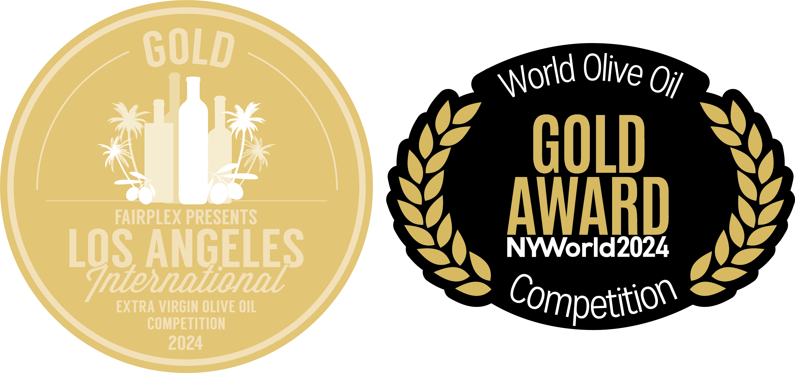 Images of the Los Angeles International Extra Virgin Olive Oil Competition 2024 Gold Award and the NYWorld 2024 World Olive Oil Gold Award